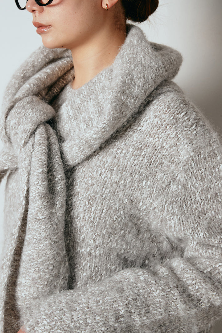 [SET]スカーフ付きミックスニットトップス+スウェードライク裾フリンジスカート(2set)