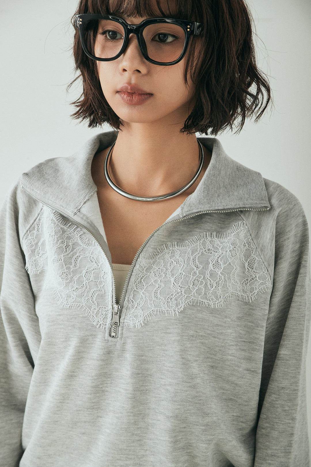 [SET]リバーレースハーフジップ裏毛スウェット+ベルト付きタックデザインハイウエストロングパンツ(2set)