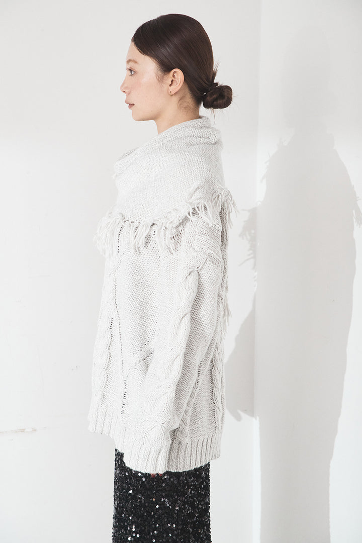 フリンジニットスカーフ巻きトップス
