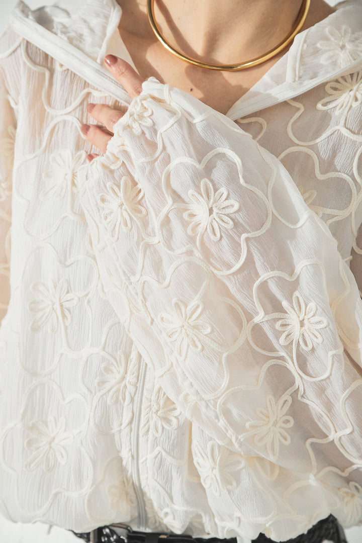 [SET]シアーフラワーフードブルゾン+編みベルト付きウエストタックワイドパンツ(2set)