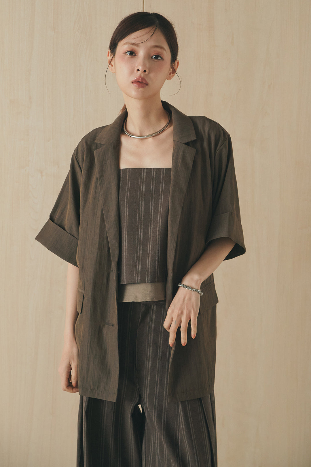 [SET]リネンライクテーラードハーフスリーブジャケット+リネンライク2タックワイドパンツ(2set)