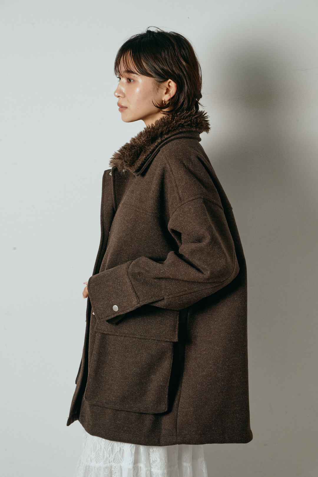 [SET]エコウール衿ファー薄中綿入りミドルカバーオール+ひげレース切替ロング丈スカート(2set)