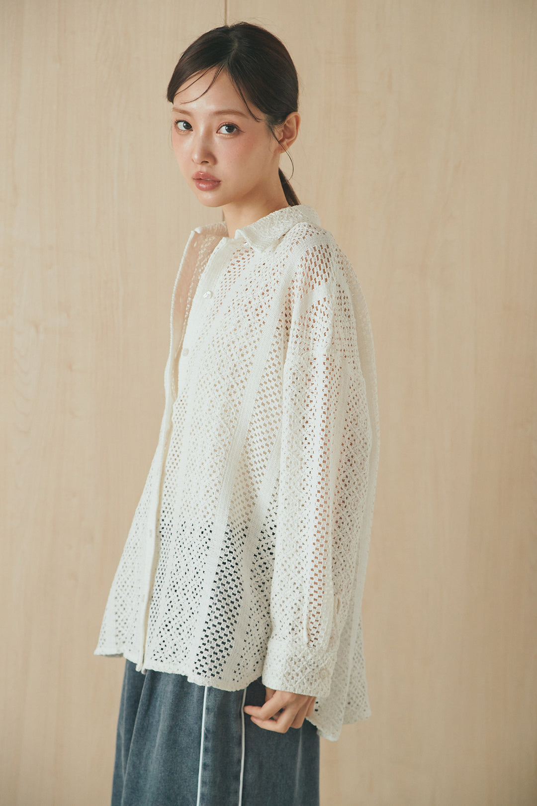 [SET]長袖襟付きレースシャツ+ドロストサイドラインデニムパンツ(2set)