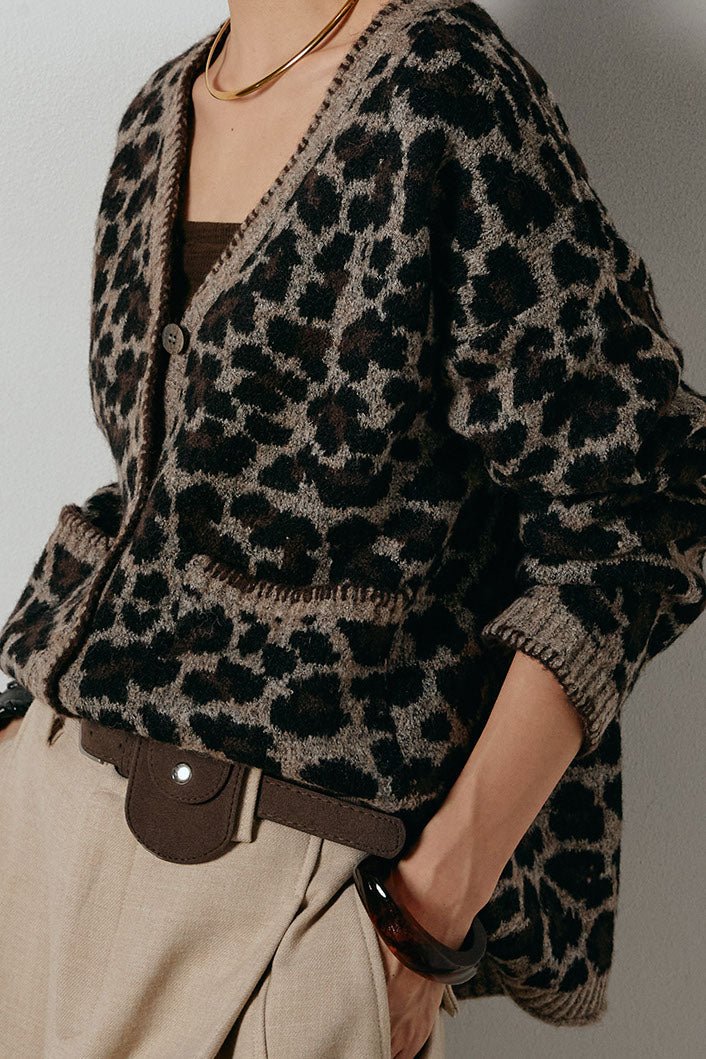 [SET]ステッチデザインレオパードニットカーディガン+リブニットフレアスカート(2set)