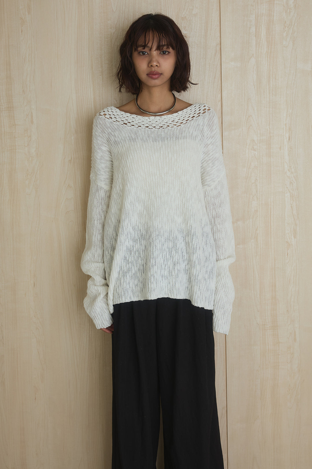 [SET]ネック編みデザインニットトップス+ウエスト折り返しワイドパンツ(2set)