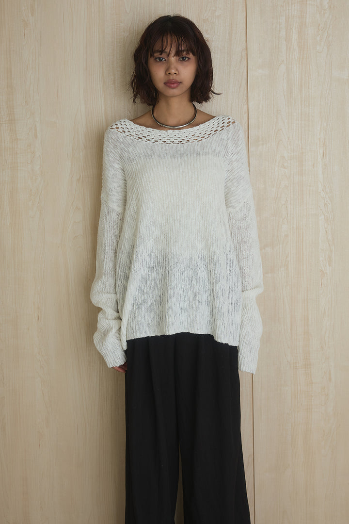 [SET]ネック編みデザインニットトップス+ウエスト折り返しワイドパンツ(2set)