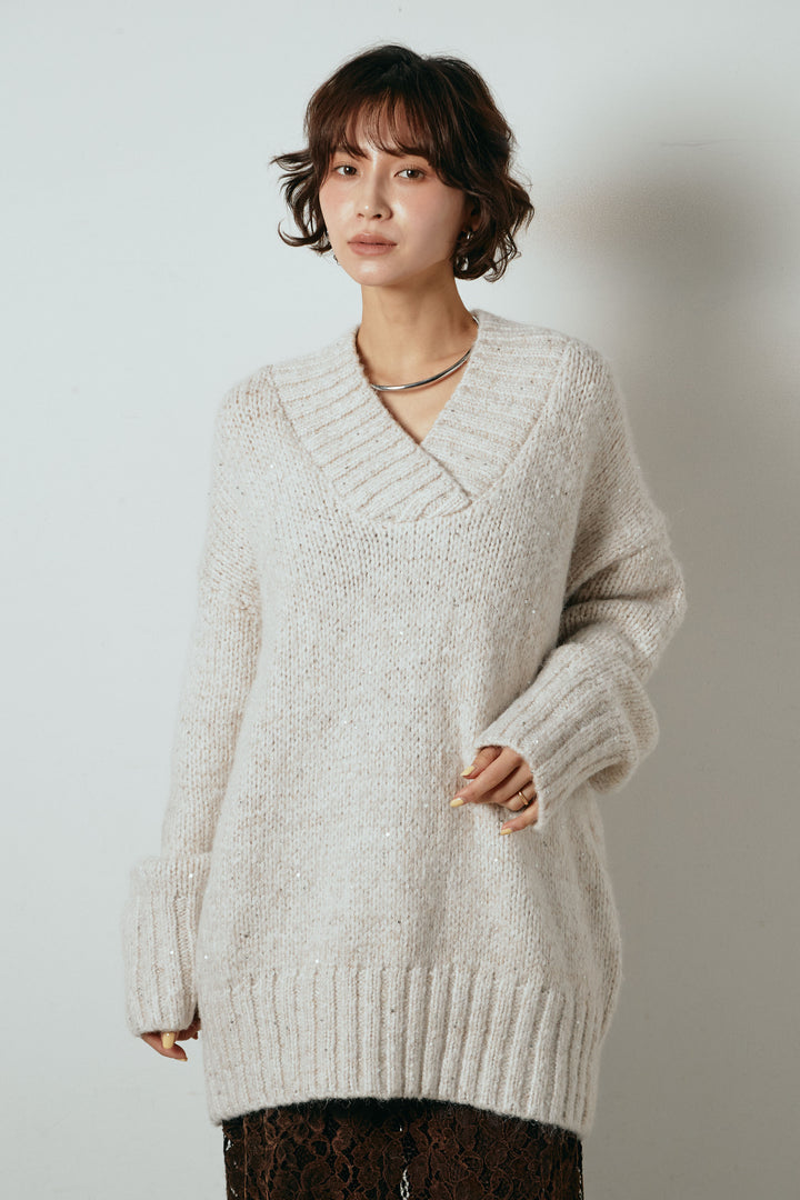 [SET]Vネックラメニットトップス+裏起毛スウェットワイドパンツ+レース切り替えキャミソール(3set)