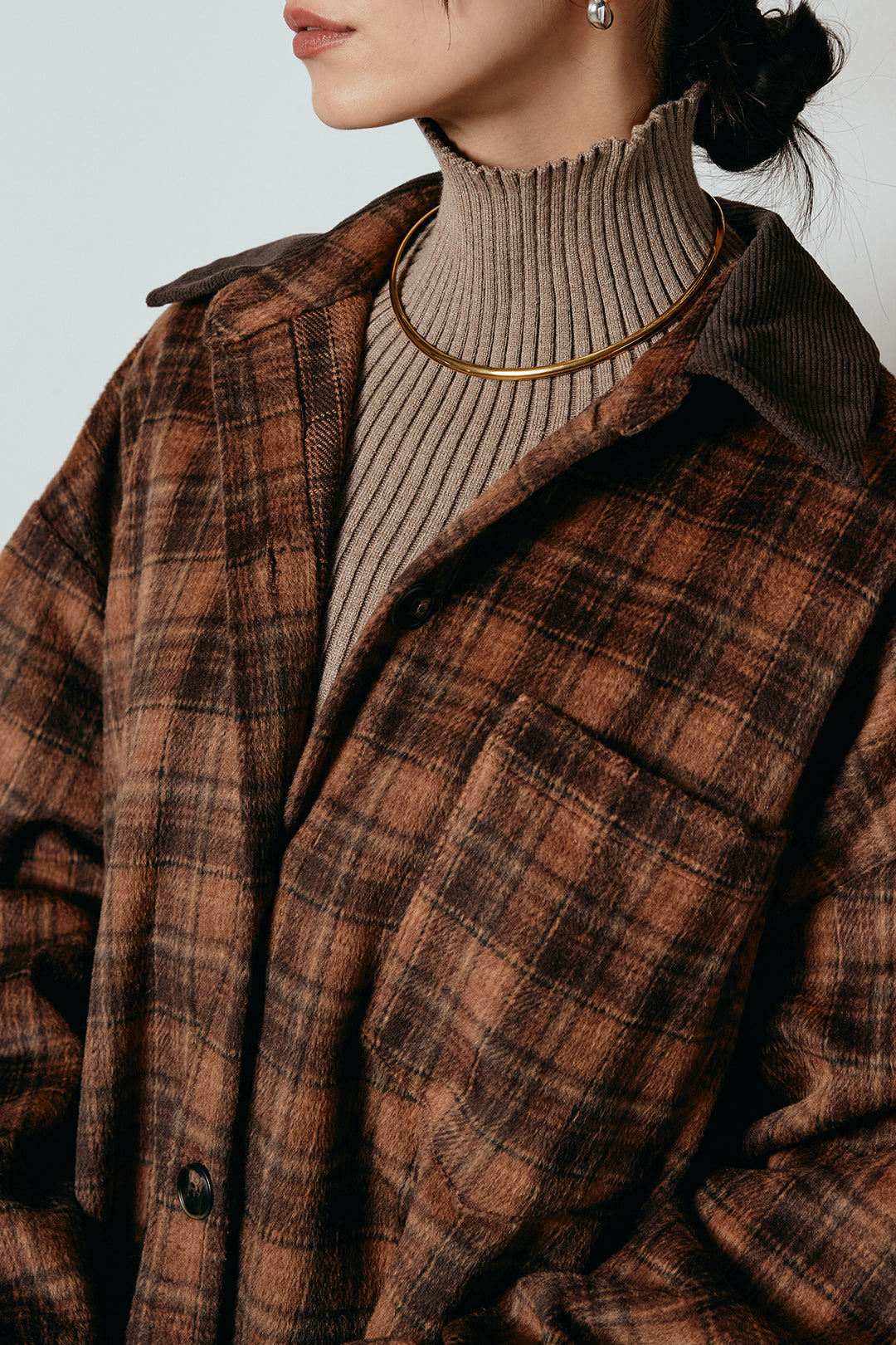 [SET]シャギーチェックシャツジャケット+ワイドリブニットイージーパンツ+リブニットシームレスタートルプルオーバー(3set)