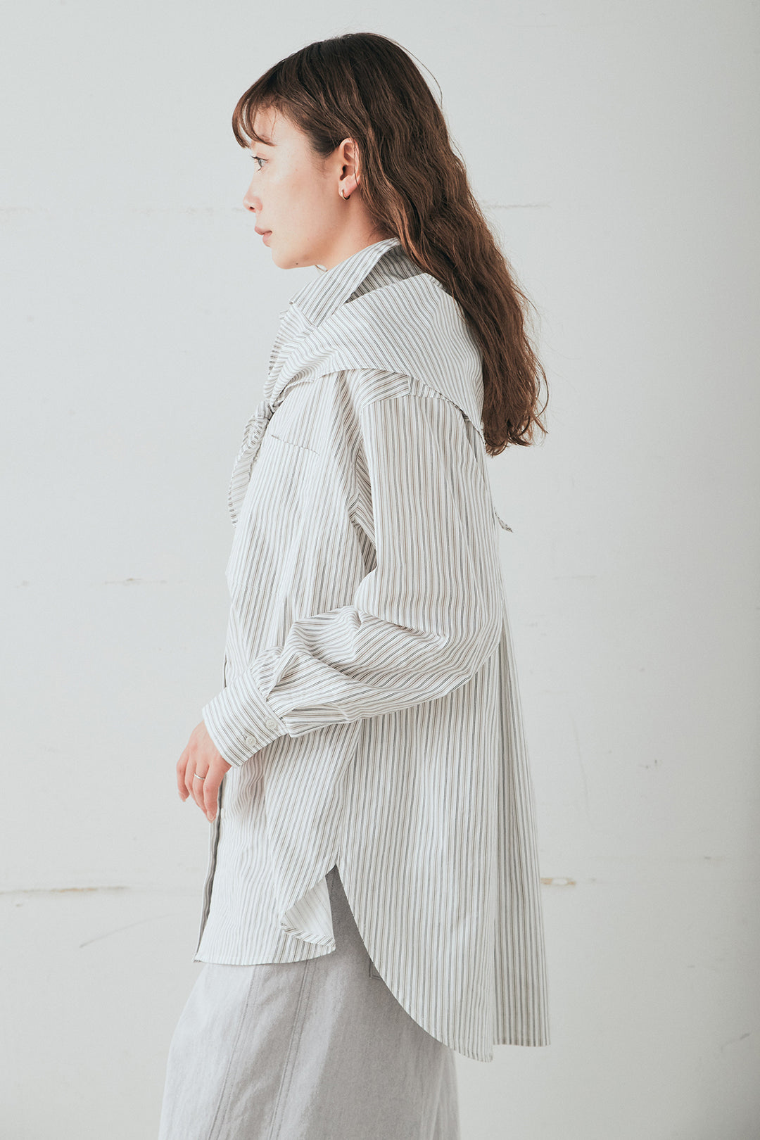 [SET]ランダムストライプスカーフ付きシャツ+デニムサイドフリルパンツ(2set)