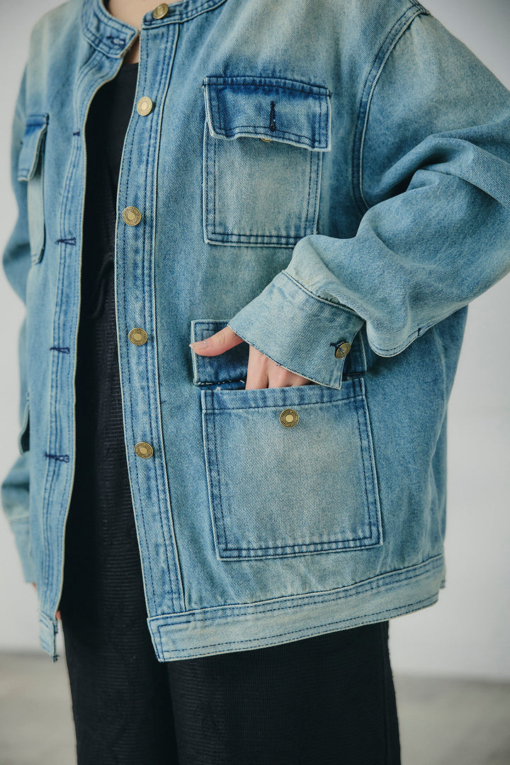 [SET]ノーカラーデニムポケットジャケット+レースサロペット(2set)