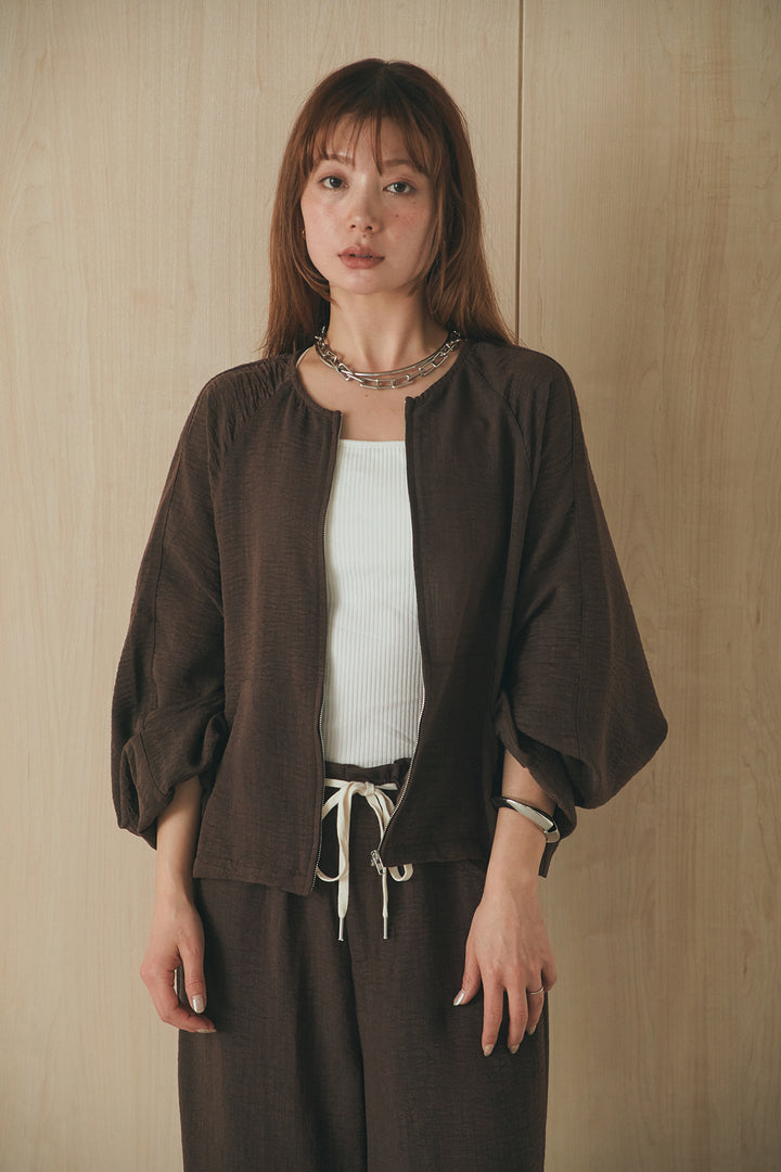 [SET]麻混ノーカラーブルゾン+麻混ウエストドロストパンツ(2set)