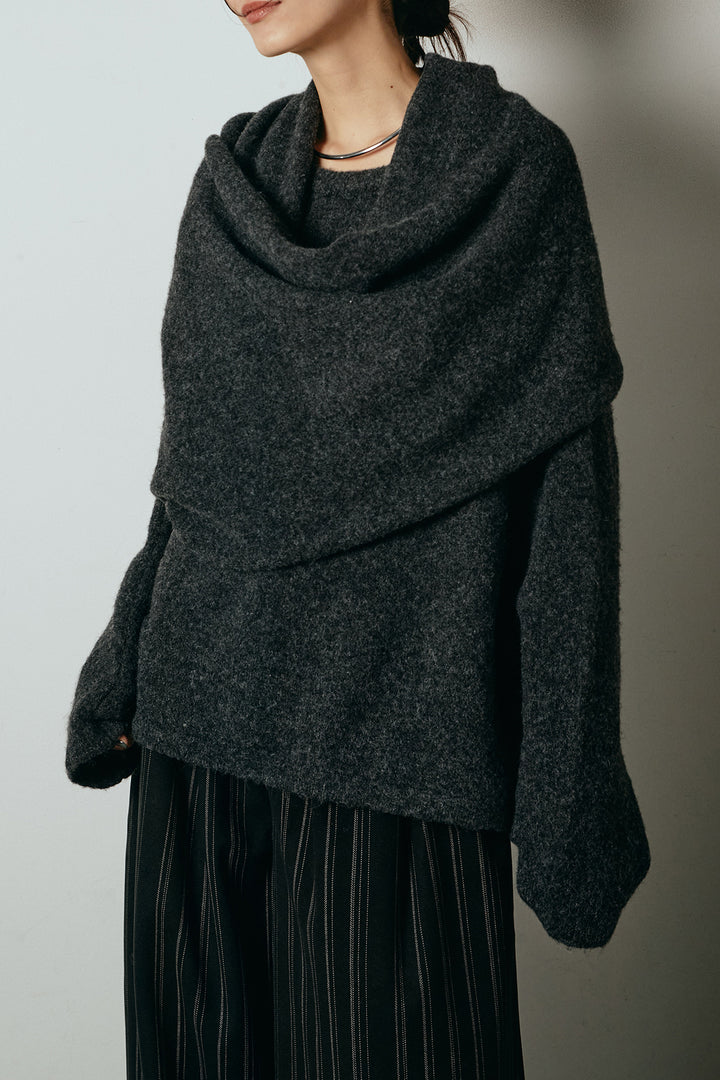 [SET]ネック巻きデザインニットトップス+タック入りマルチストライプ柄ワイドパンツ(2set)