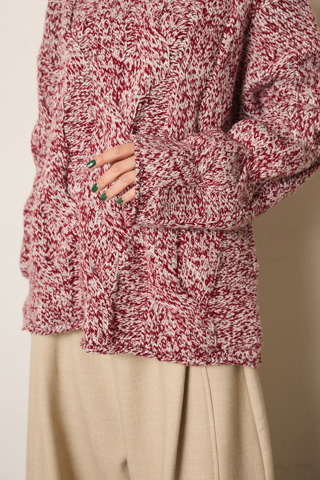 [SET]Vネックミックス編みニットトップス+スウェードライク裾フリンジスカート(2set)