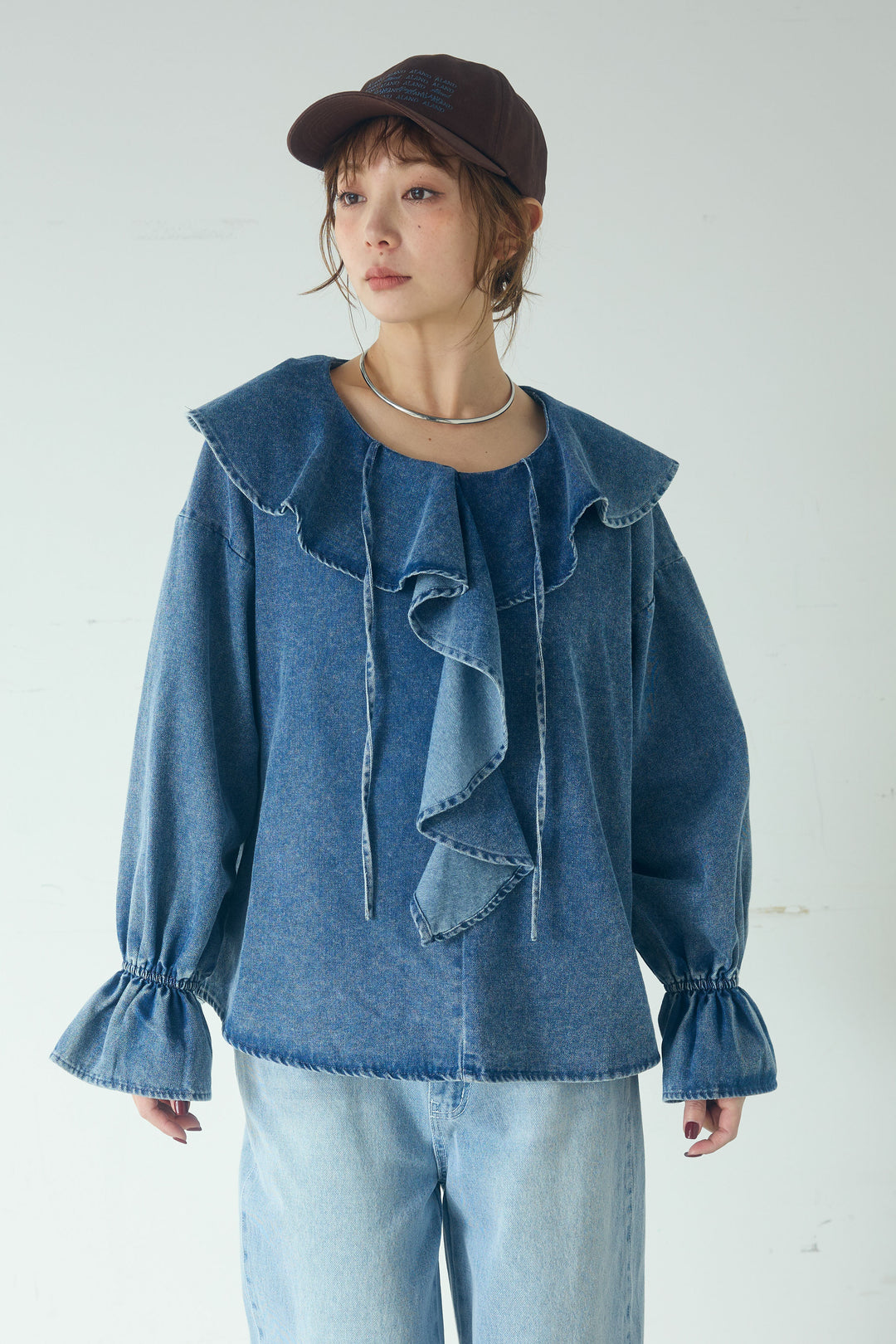[SET]デニムフリルブラウス+デニムサロペットワイドパンツ(2set)