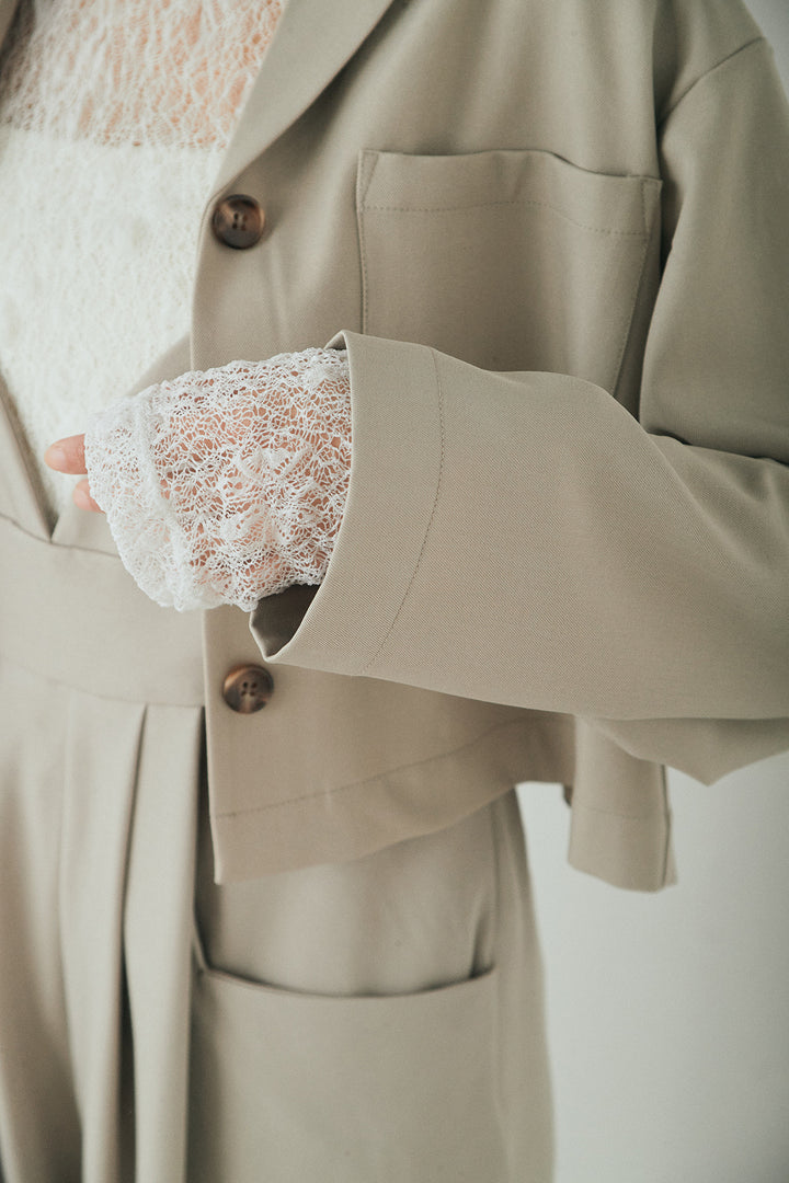 [SET]バックジップデザインショートツイルジャケット+キャミロングオールインワン+ストレッチレースクルーネックインナー(3set)