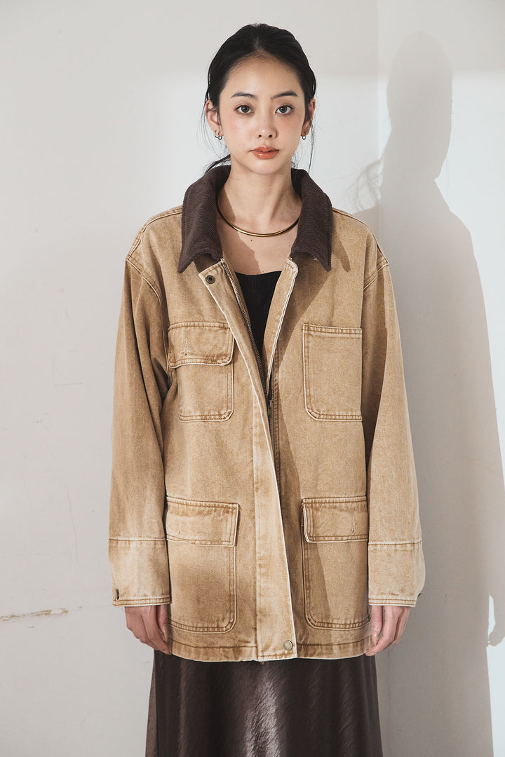 [SET]襟コーデュロイジップデニム調カバーオール+ひげレース切替ロング丈スカート(2set)