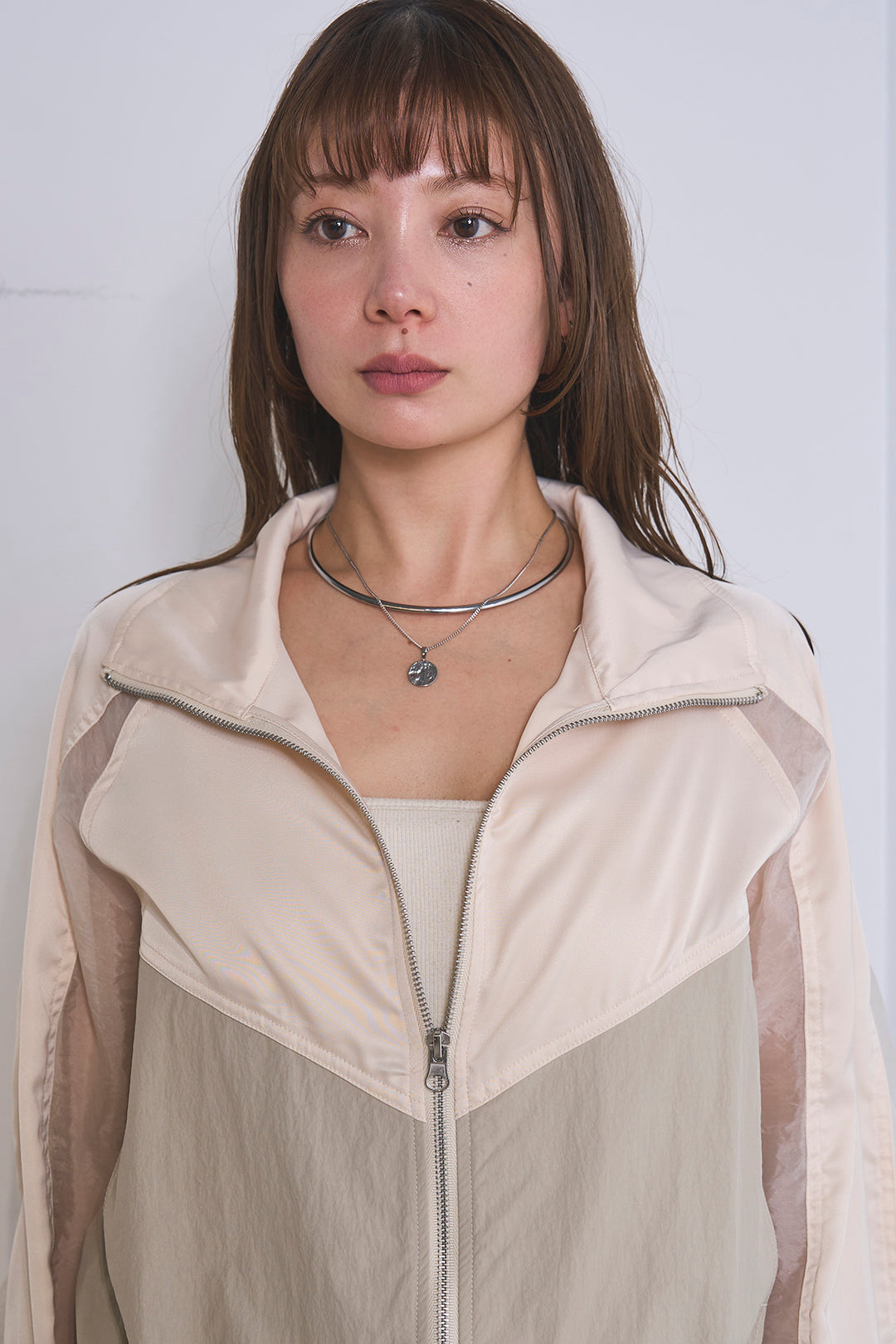 [SET]異素材切替ZIPブルゾン+リネンブレンドロングナロースカート(2set)