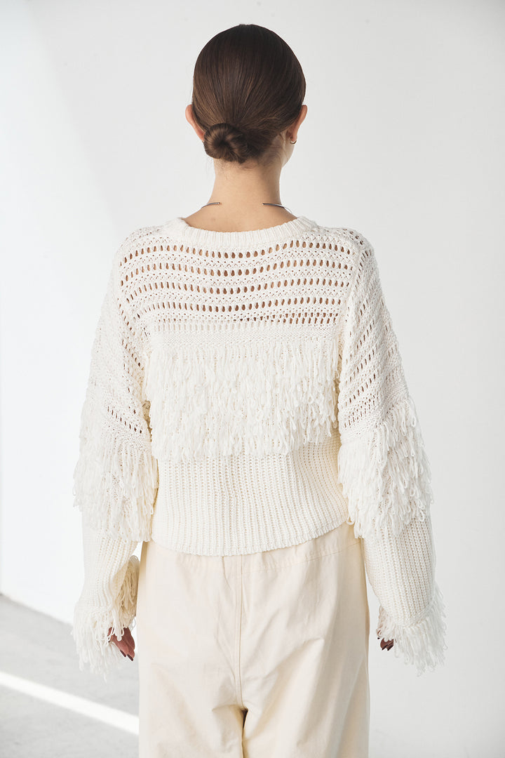 [SET]メッシュフリンジ切り替えプルオーバー+合繊ツイルスタンドウエスト巻きジョガーパンツ(2set)