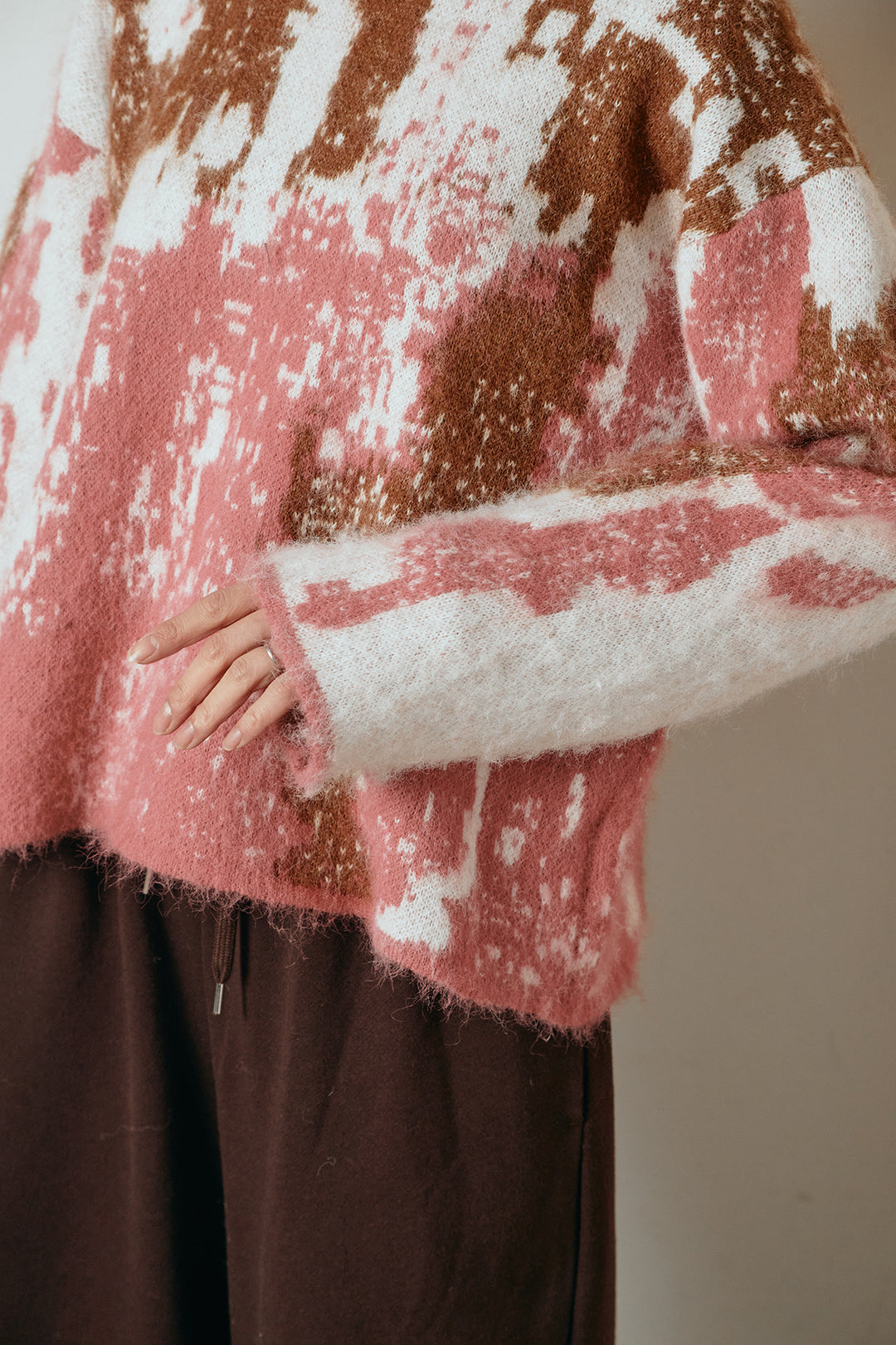 [SET]起毛ニュアンス柄ニットプルオーバー+ファーベルト付きワイドパンツ(2set)