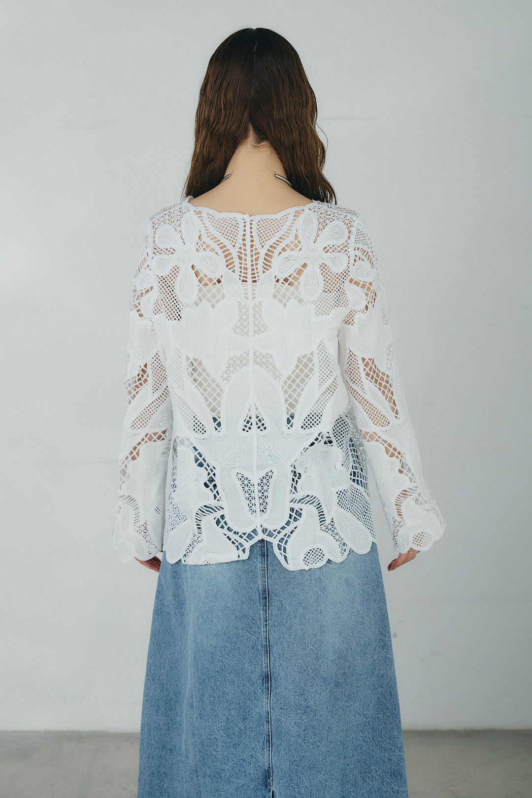 [SET]フラワー刺繍レースブラウス+デニムロングフレアスカート(2set)