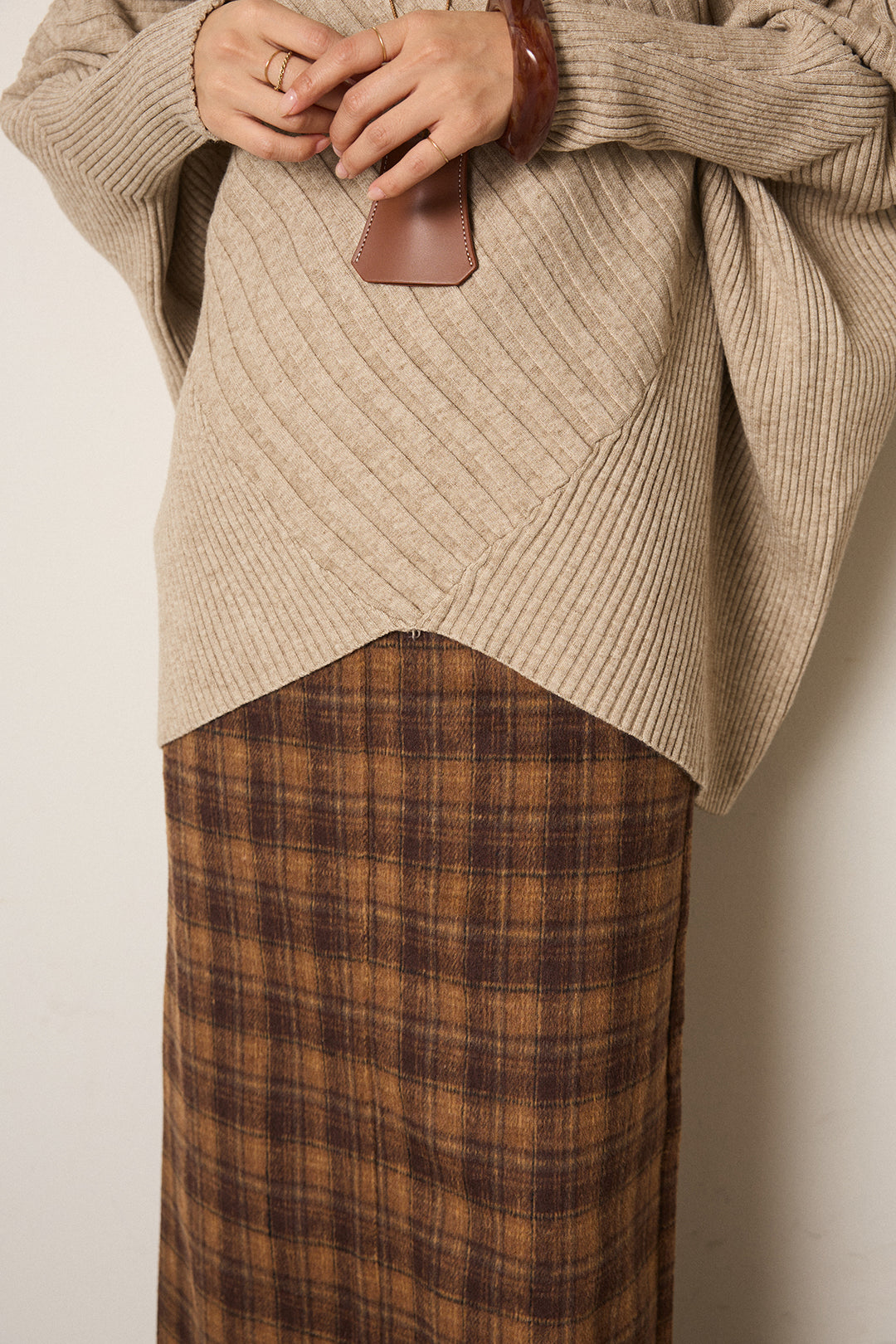 [SET]アシメデザインリブポンチョニットトップス+レオパードロングスカート(2set)