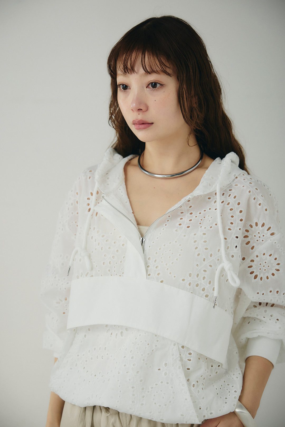 [SET]レースハーフジップアップフーディー+リネン混タックストレートワイドパンツ(2set)