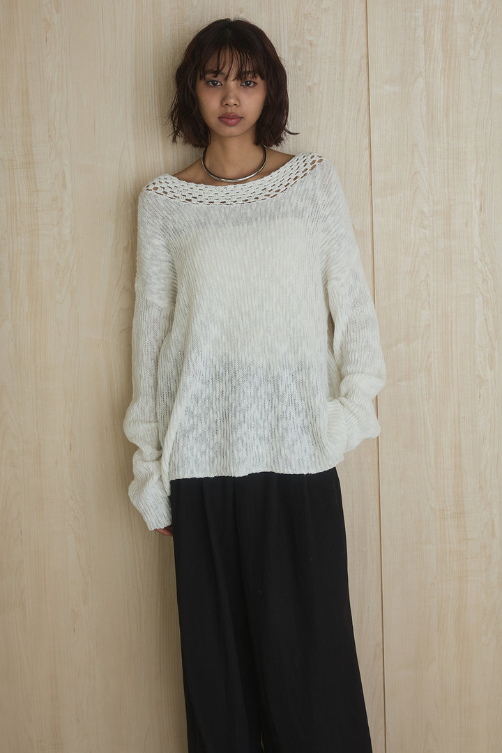 [SET]ネック編みデザインニットトップス+ウエスト折り返しワイドパンツ(2set)