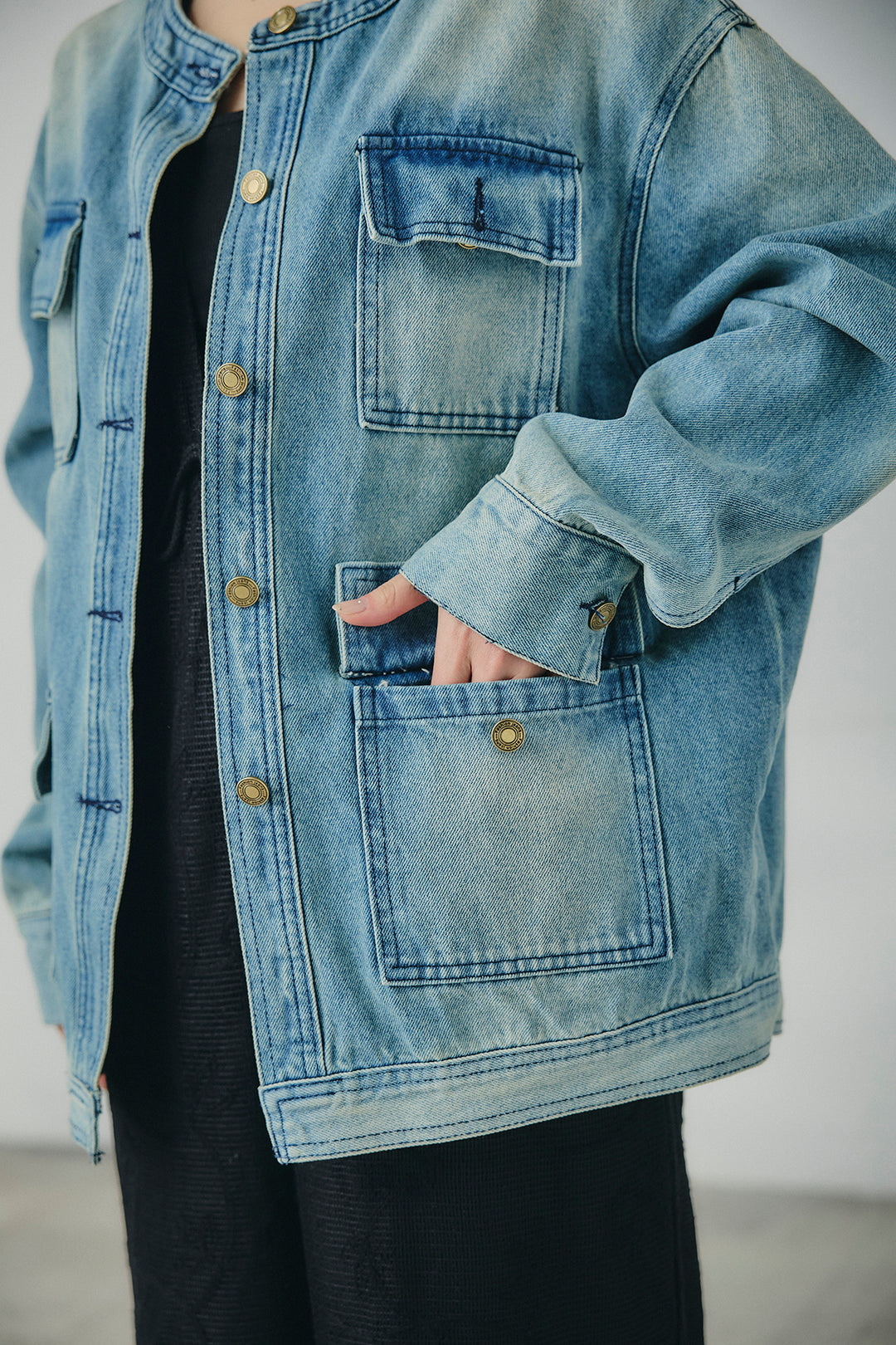 [SET]ノーカラーデニムポケットジャケット+コットンフリルブラウス+ベルト付きタックデザインハイウエストロングパンツ(3set)