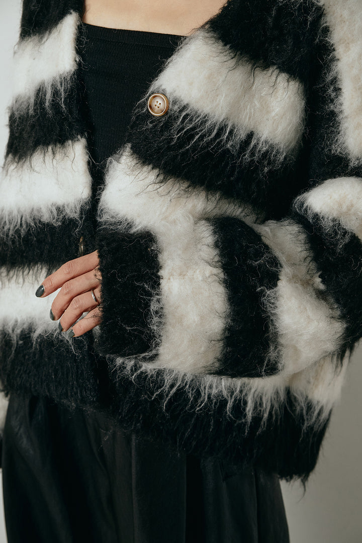 [SET]シャギーボーダー柄ニットカーディガン+デニムロングフレアスカート(2set)