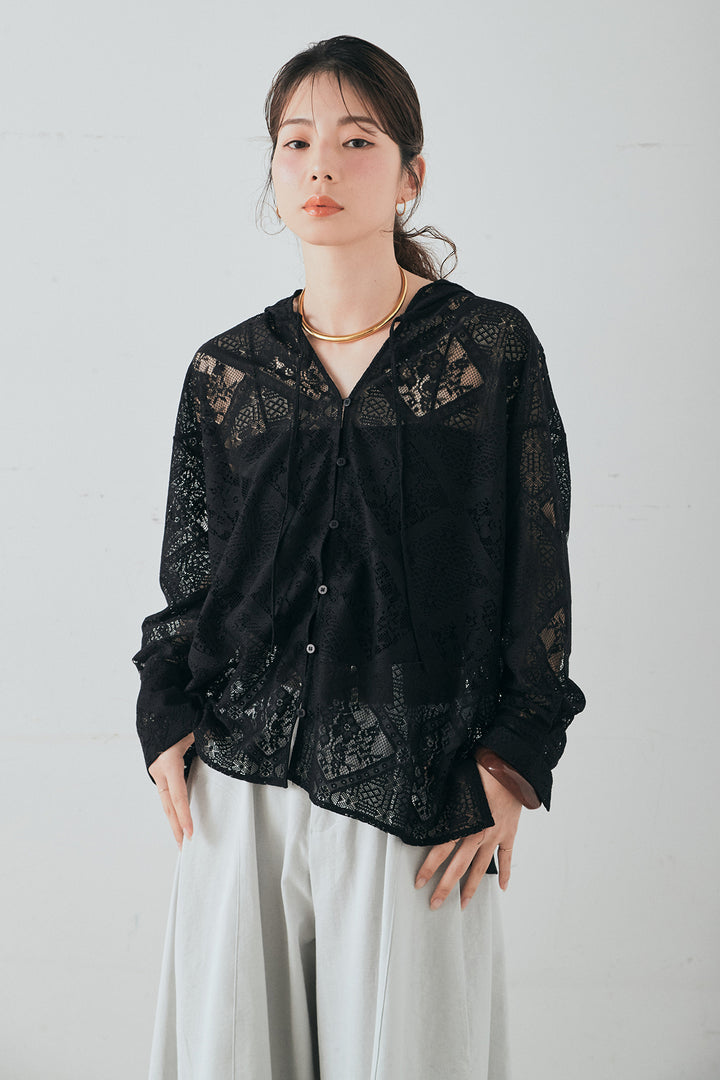 [SET]ブロックレースフード付きブラウス+リラックスブロックレースワイドパンツ(2set)