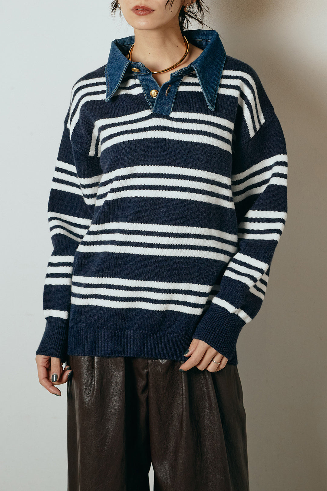 [SET]デニムレイヤード風ランダムボーダーニットプルオーバー+エコスウェードワイドスカート(2set)