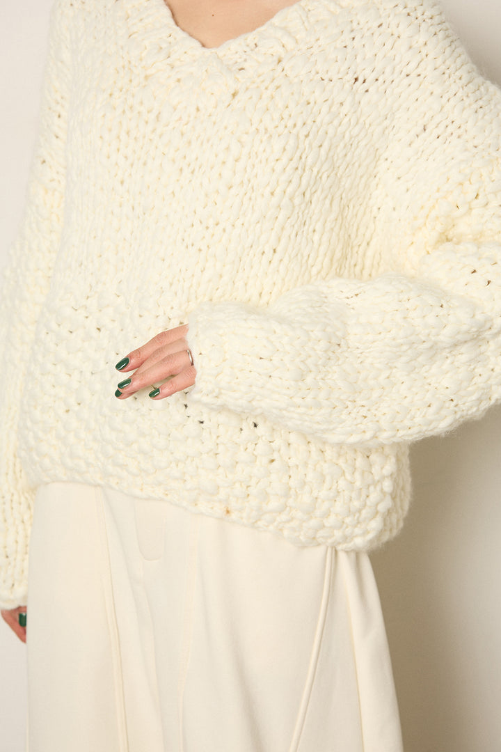 [SET]Vネックハンド編みニットトップス+レース切り替えキャミソール(2set)