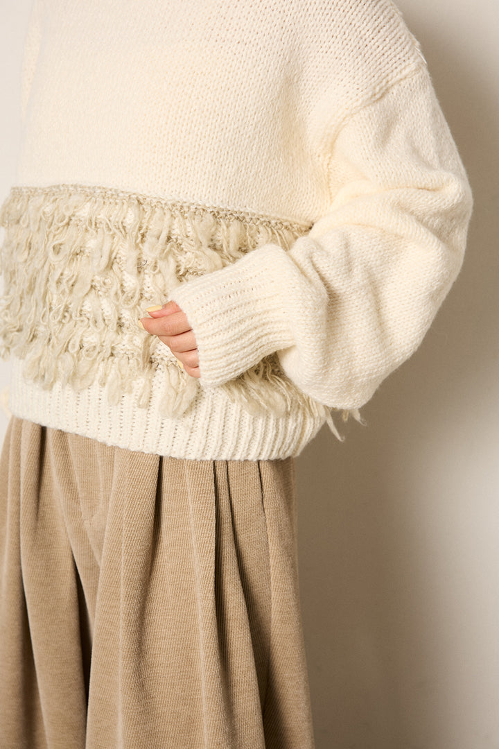 [SET]ループ編み切り替えニットプルオーバー+ベルトループコーデュロイワイドパンツ(2set)