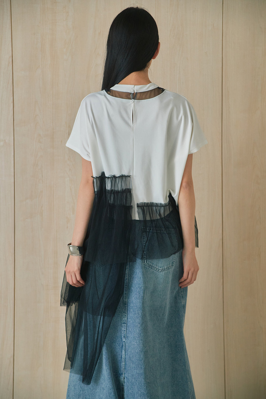 [SET]アシンメトリーチュールフリルTシャツ+デニムロングフレアスカート(2set)