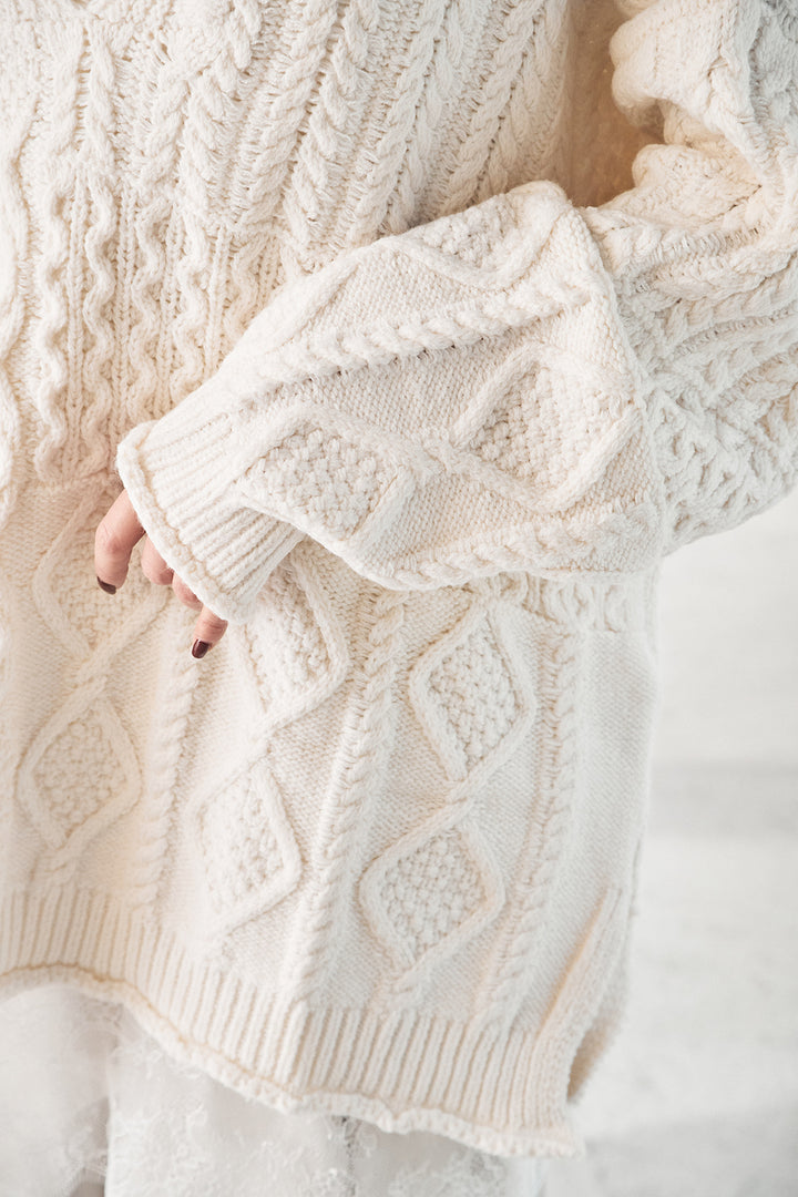 [SET]ケーブルVニットセーター+サテンタックワイドパンツ(2set)