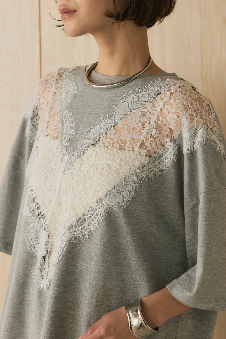[SET]レース切替ビッグTシャツ+バイアスナローサテンスカート(2set)