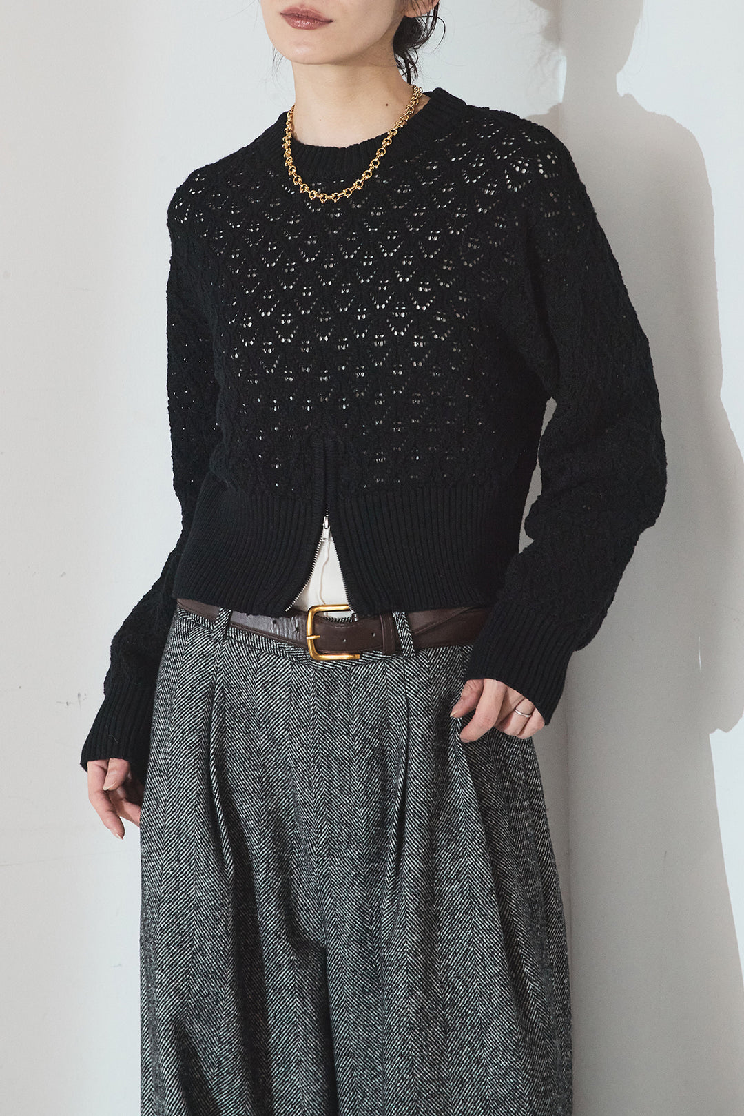 [SET]透かし編みニットジップスリットプルオーバー+タックツイードワイドパンツ(2set)