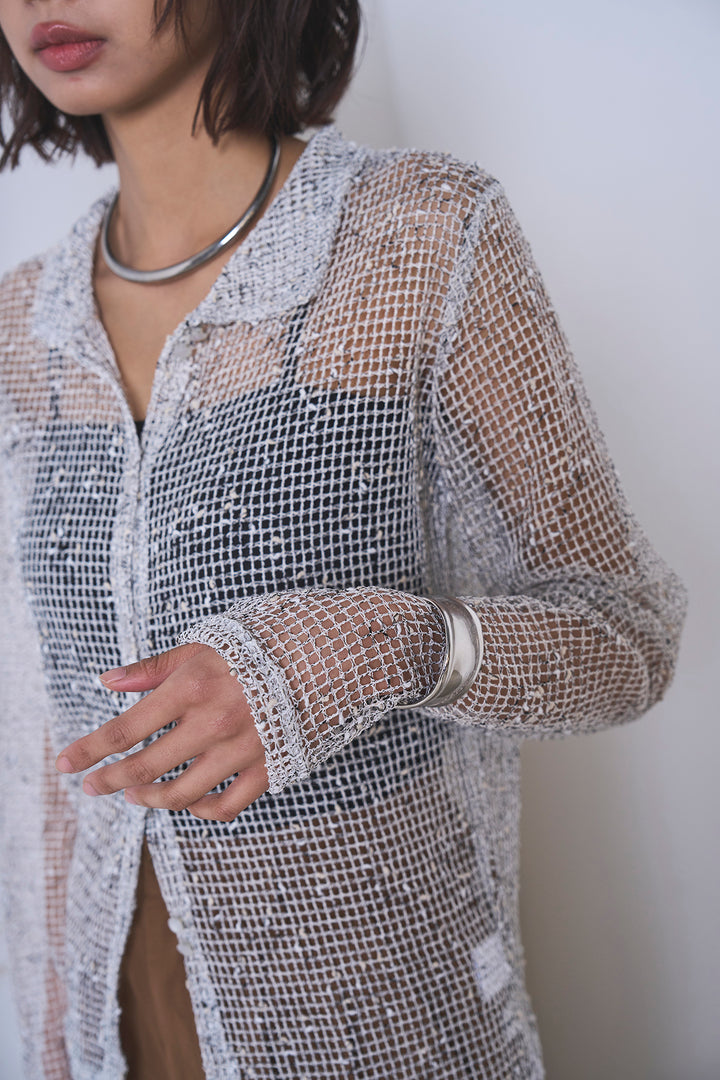 [SET]ネップメッシュポロ襟カーディガン+紐ベルト付きカーブワイドパンツ(2set)