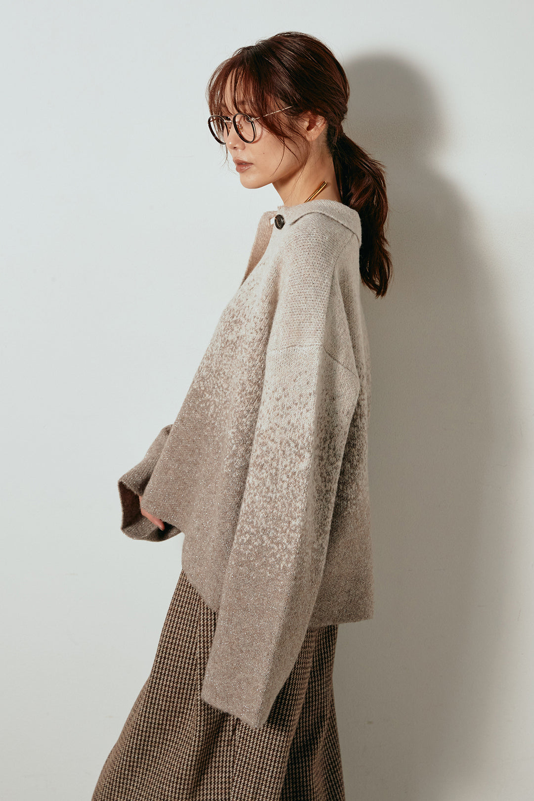 [SET]グラデーションラメニットキーネックプルオーバー+フェイクレザーベルト付き切り替えタータンチェックスカート(2set)