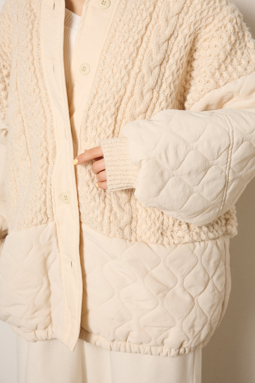 [SET]アラン編みニットノーカラー裾キルティングブルゾン+裏起毛スウェットワイドパンツ(2set)