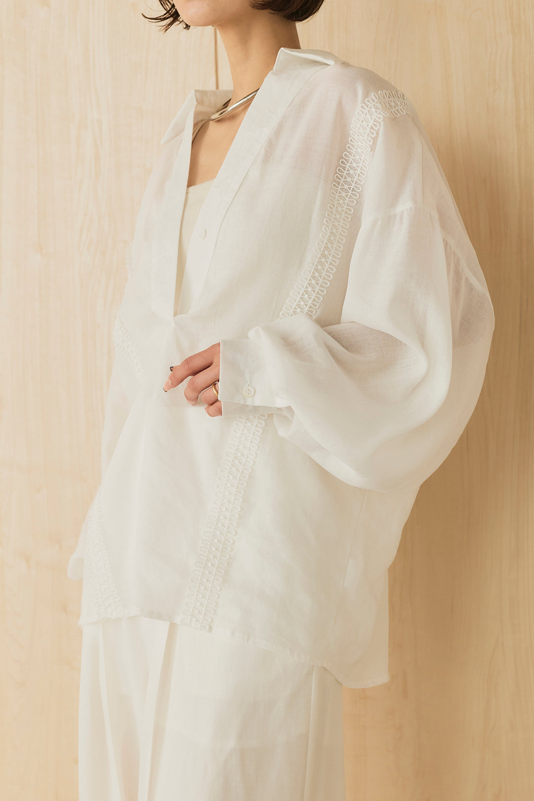 [SET]テンセルラミーハシゴレースシャツ+麻混サイドデザインハイウエストパンツ(2set)