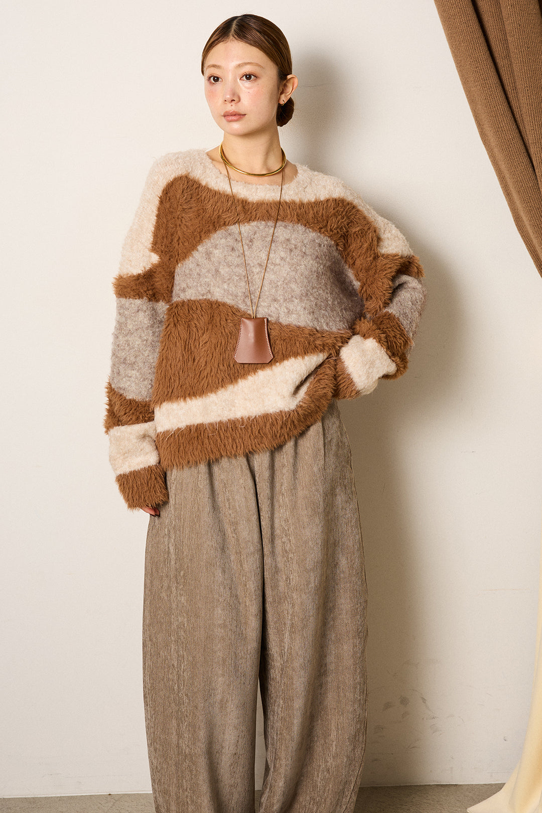 [SET]シャギーウェーブ柄クルーネックニットトップス+ベルトループコーデュロイワイドパンツ(2set)