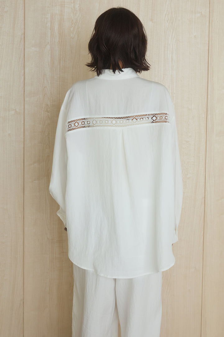 【即納】麻混ショルダーライン柄シャツ