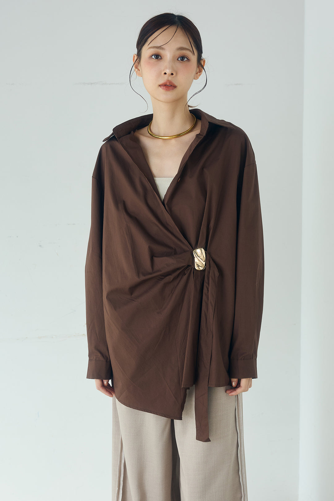 [SET]サイド留め具デザインシャツ+デニムレース付きワイドパンツ(2set)