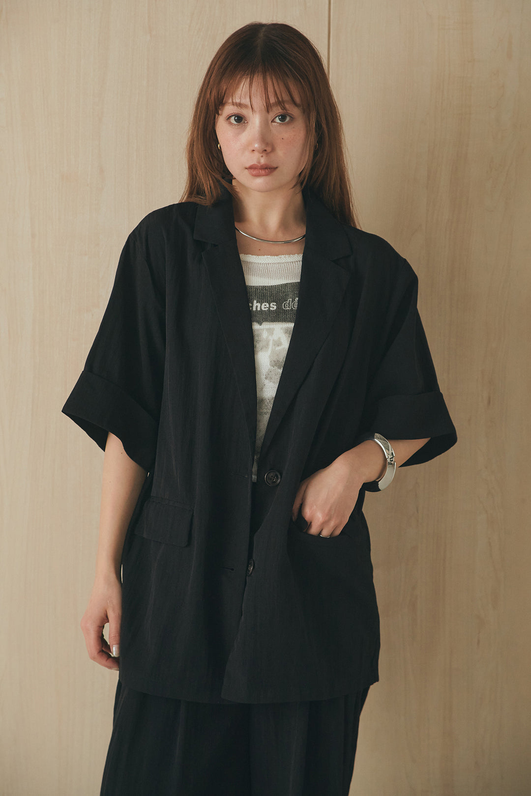 [SET]リネンライクテーラードハーフスリーブジャケット+リネンライク2タックワイドパンツ(2set)