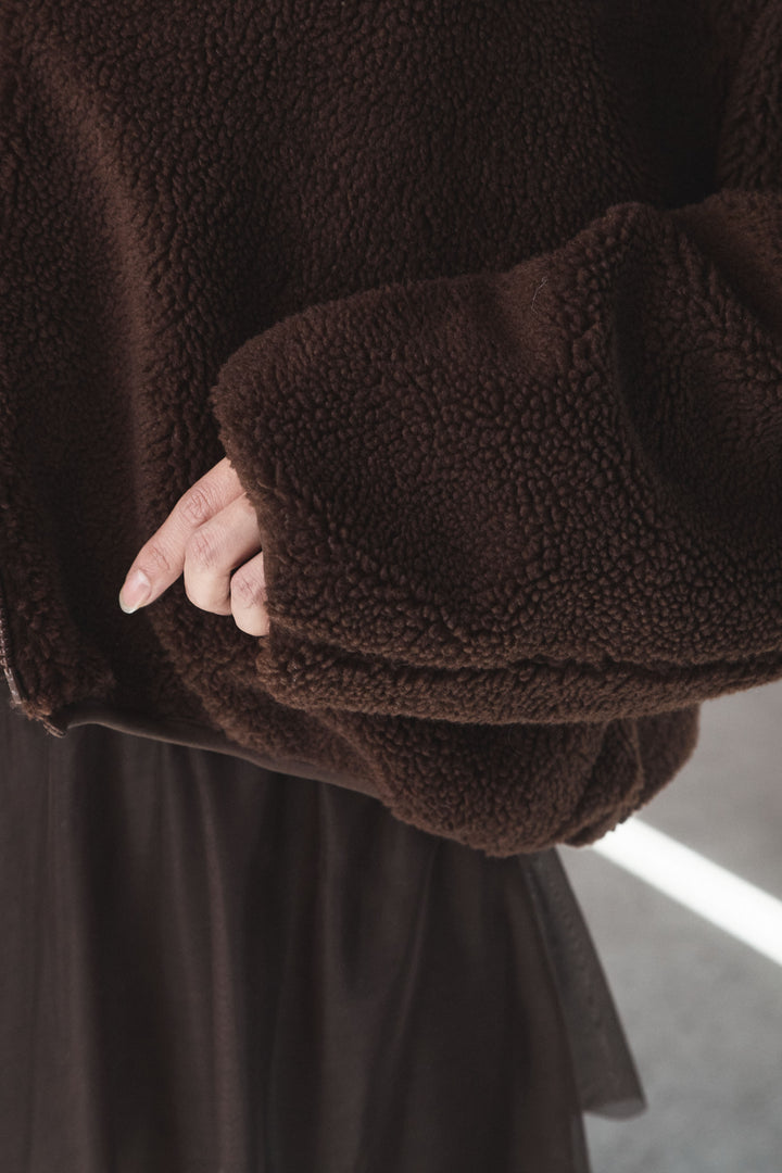 [SET]ノーカラーリブボアアウター+チュールレイヤードニットパンツ(2set)