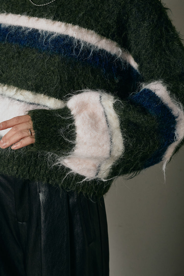 [SET]起毛配色マルチボーダーニットトップス+太ベルト付きヘリンボーンプリーツスカート(2set)