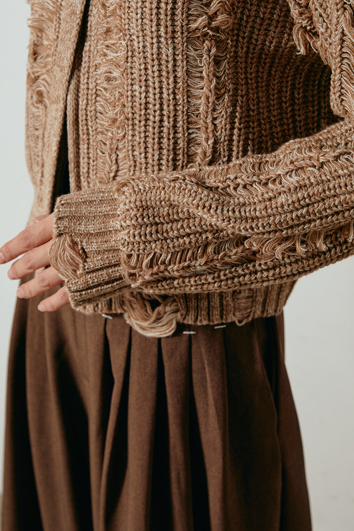 ハイネックフリンジジップニットトップス