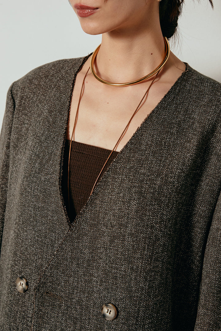 ノーカラーダブルボタンツイードジャケット