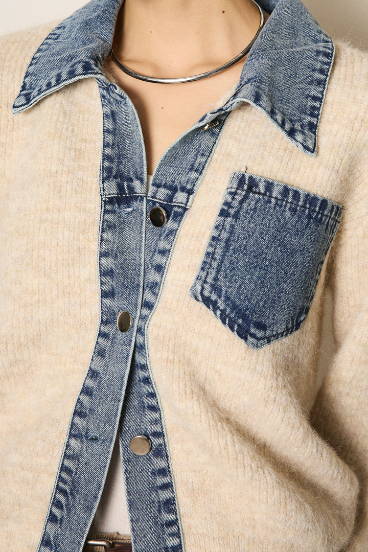 [SET]襟付きデニム切替ニットカーディガン+起毛タック入りツイードワイドパンツ(2set)